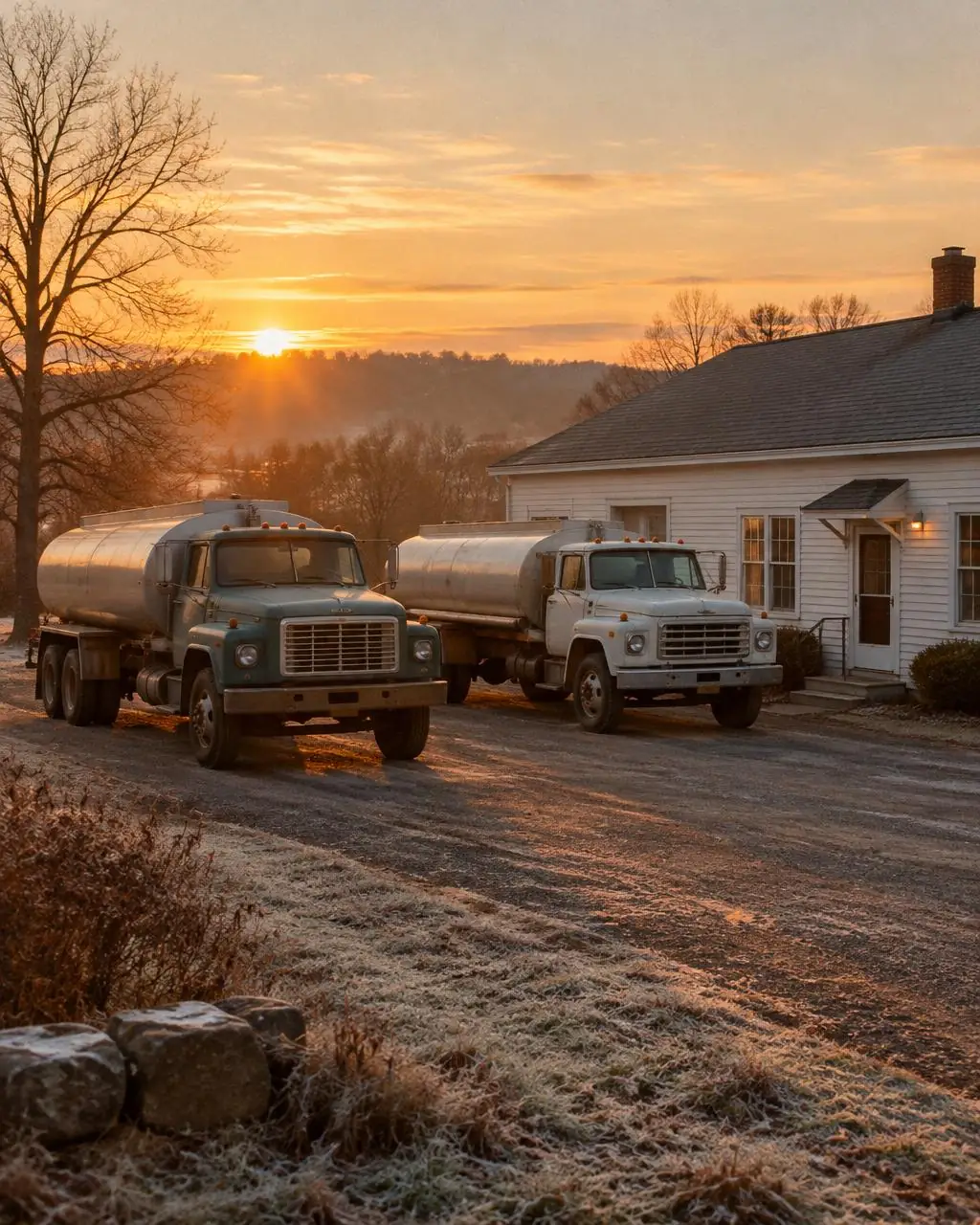 Two oil delivery trucks parked beside a white clapboard office at sunrise