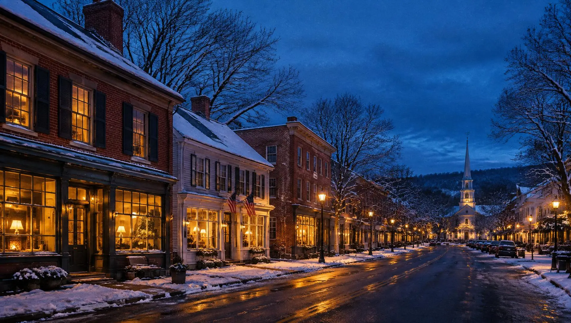 A small Connecticut main street at dusk in winter, windows glowing