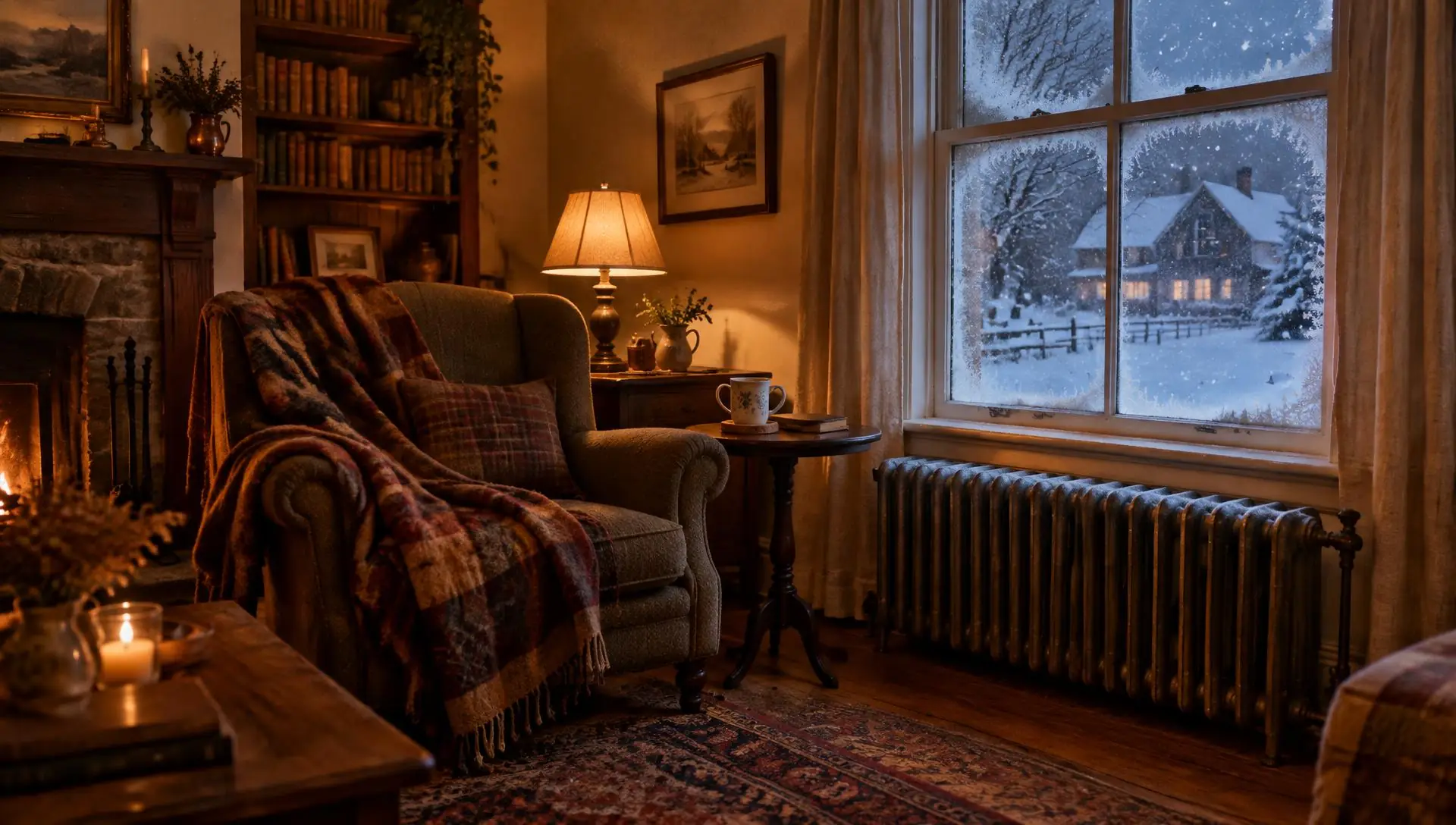 A warm living room with a cast iron radiator under a frosted window on a snowy night