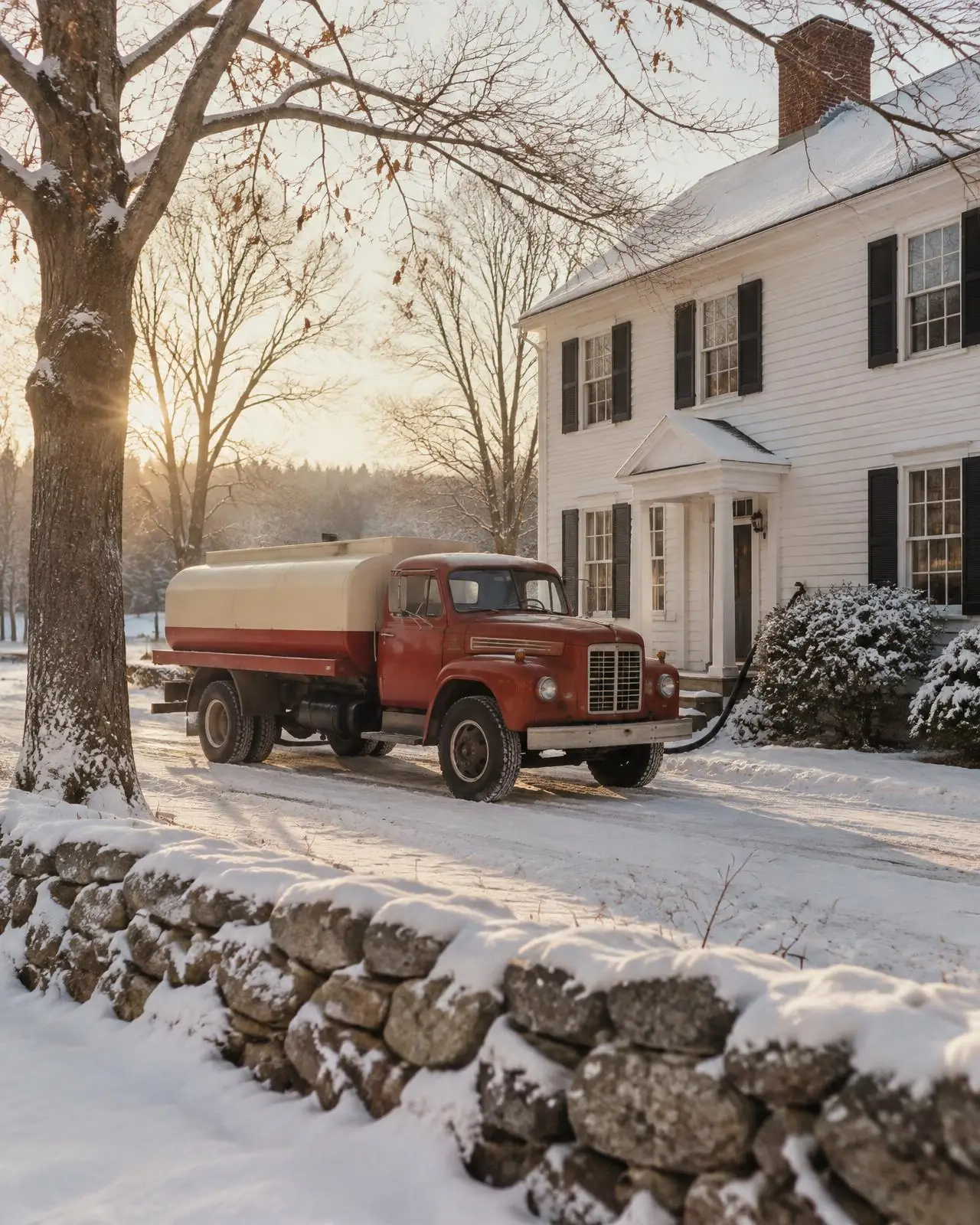 An oil delivery truck parked in front of a white colonial house on a snowy morning
