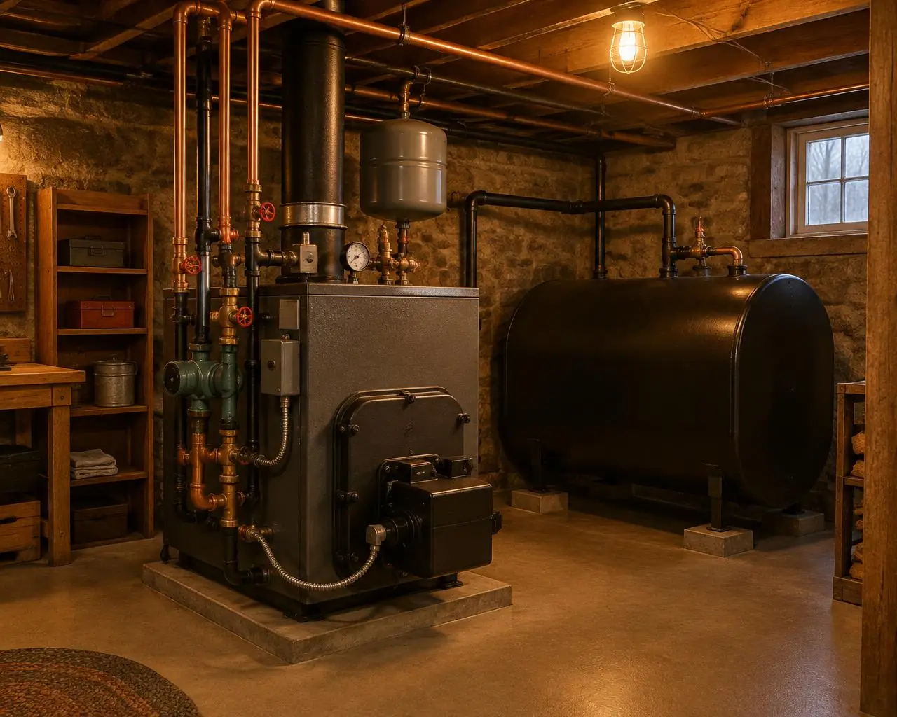 A cast iron oil boiler and oil tank in a tidy stone basement