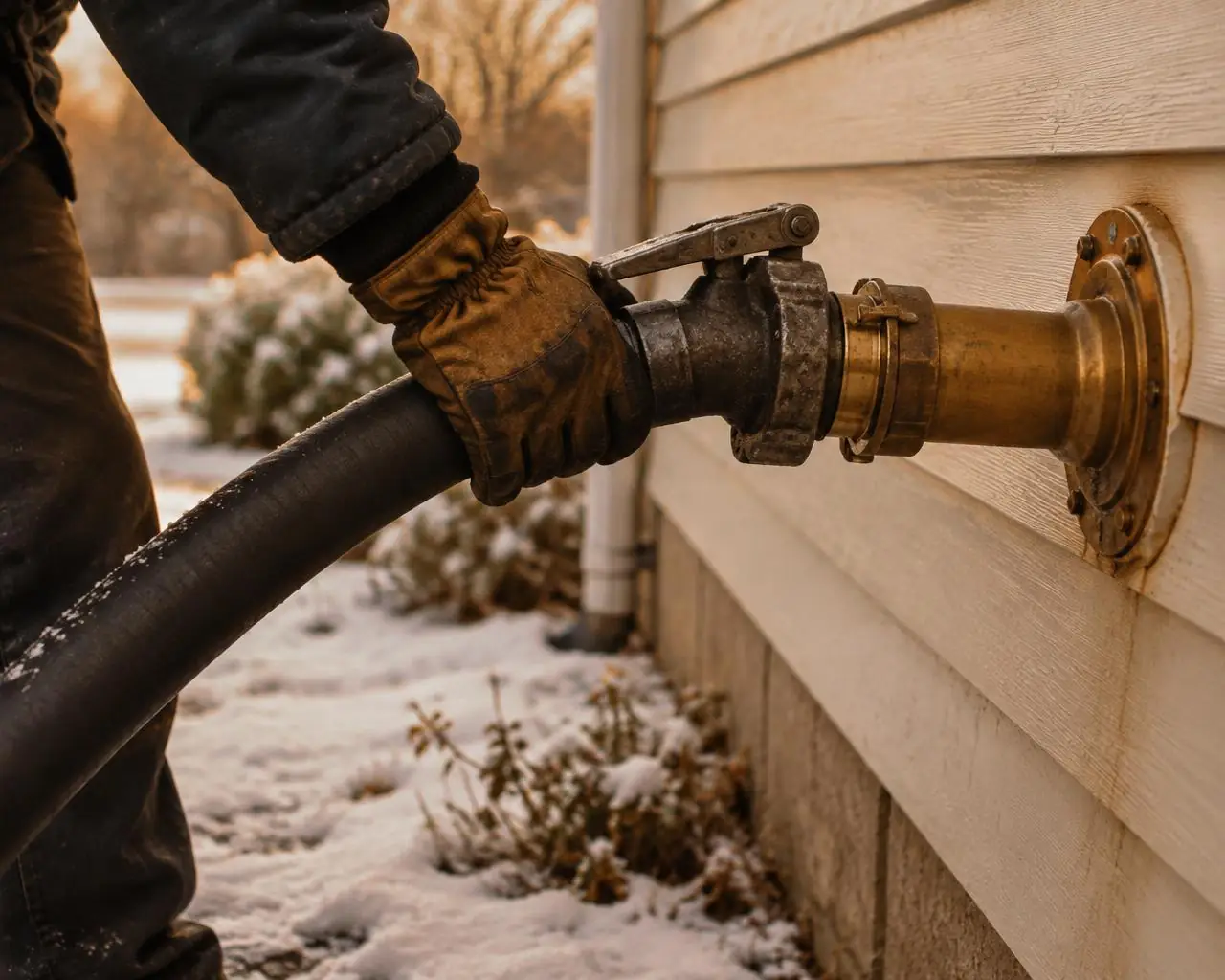 A gloved hand connecting an oil delivery hose to a brass fill pipe on a house