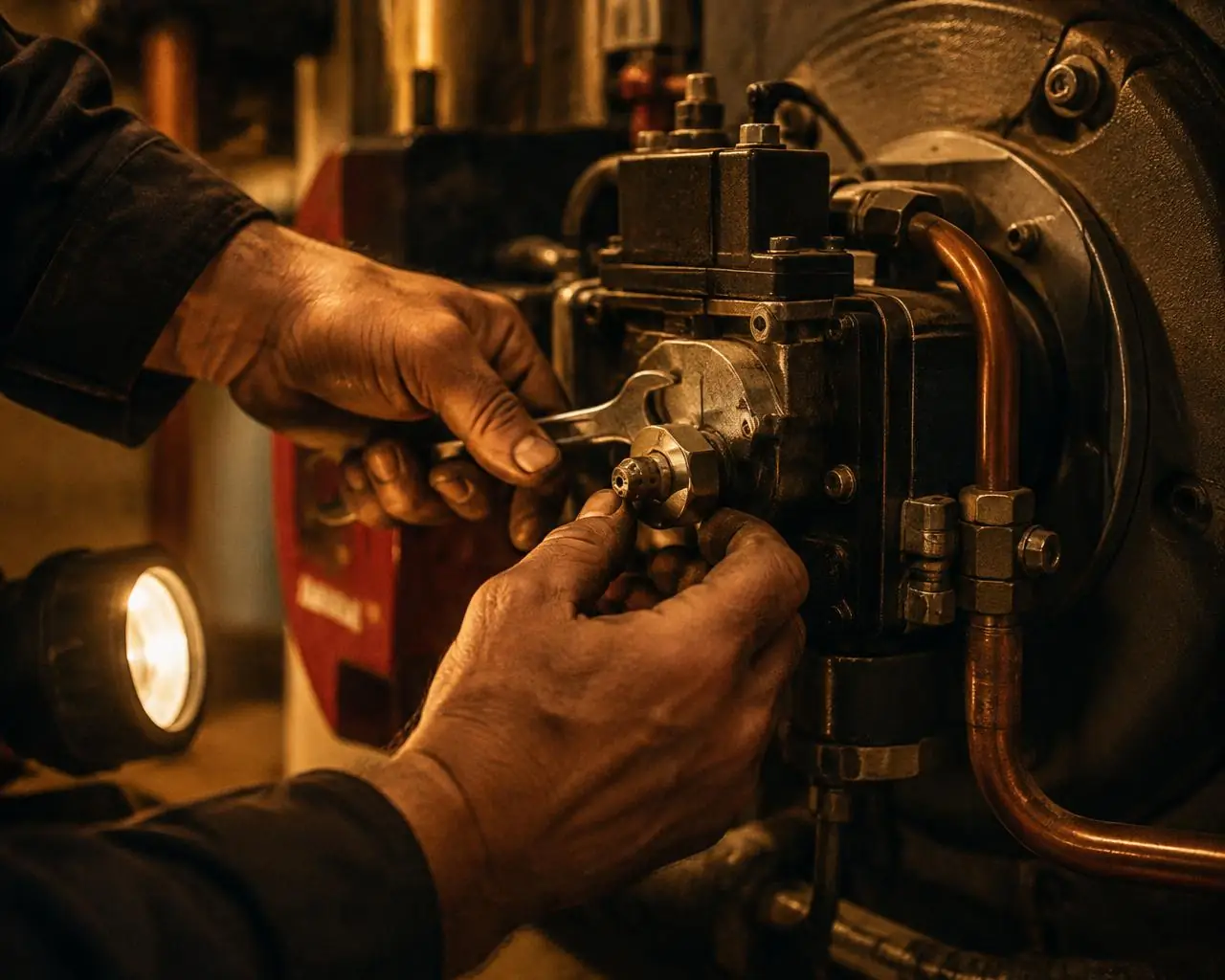A technician's hands adjusting an oil burner nozzle with a wrench