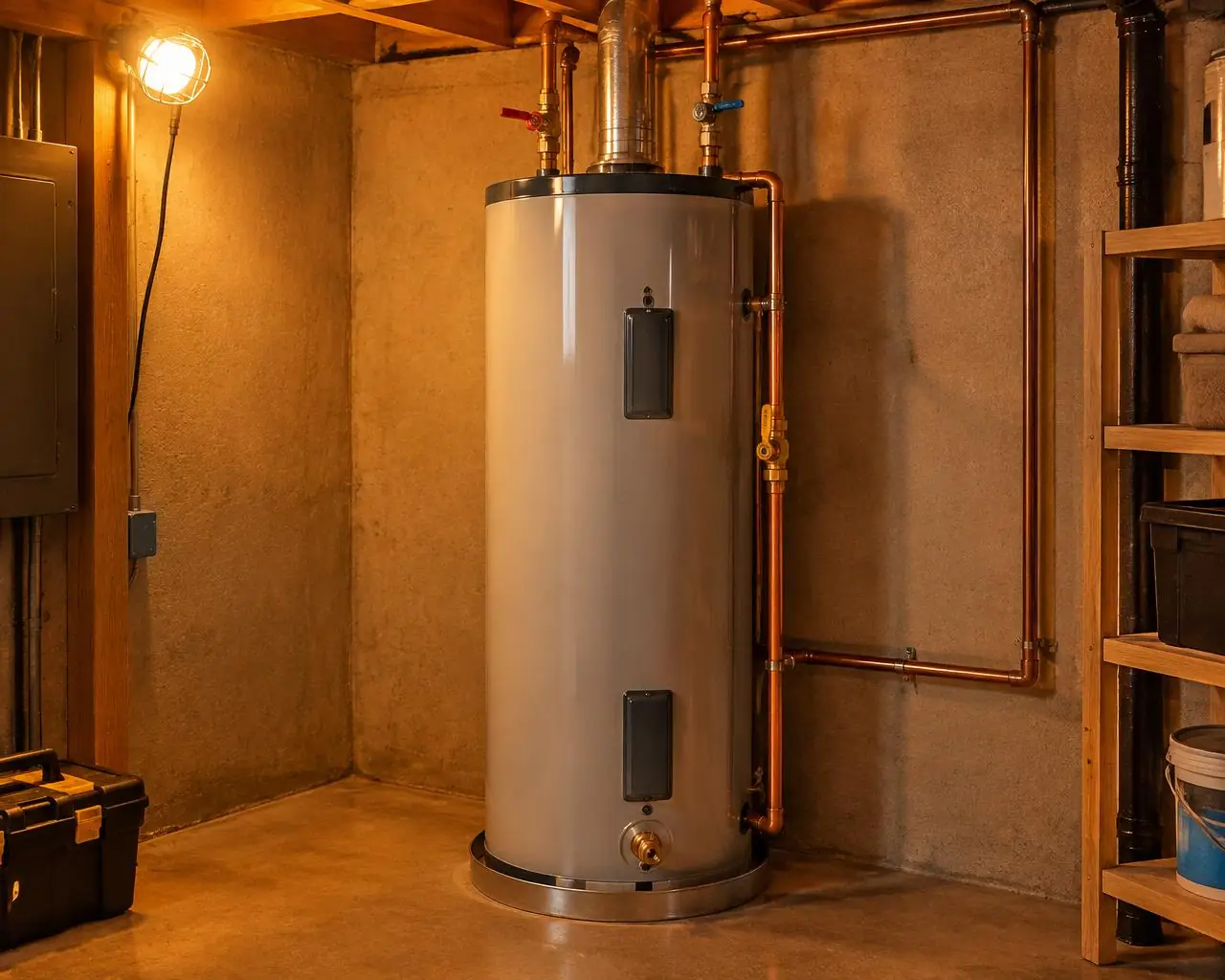 A newly installed water heater with copper piping in a basement corner